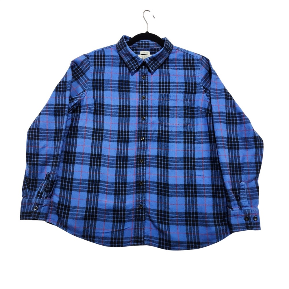 LLBean Mens Flannel Shirt Blue Black Red Plaid‎ Slightly Fitted XL